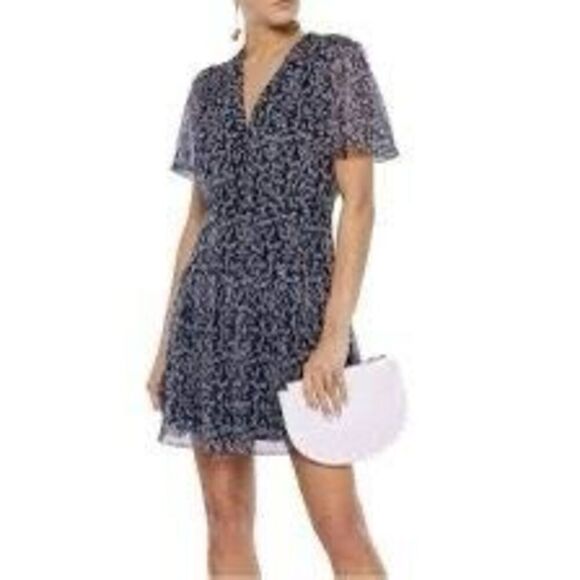 Equipment Femme Blue White Lisle Silk Chiffon Floral Mini Dress Size 8 - Picture 1 of 10
